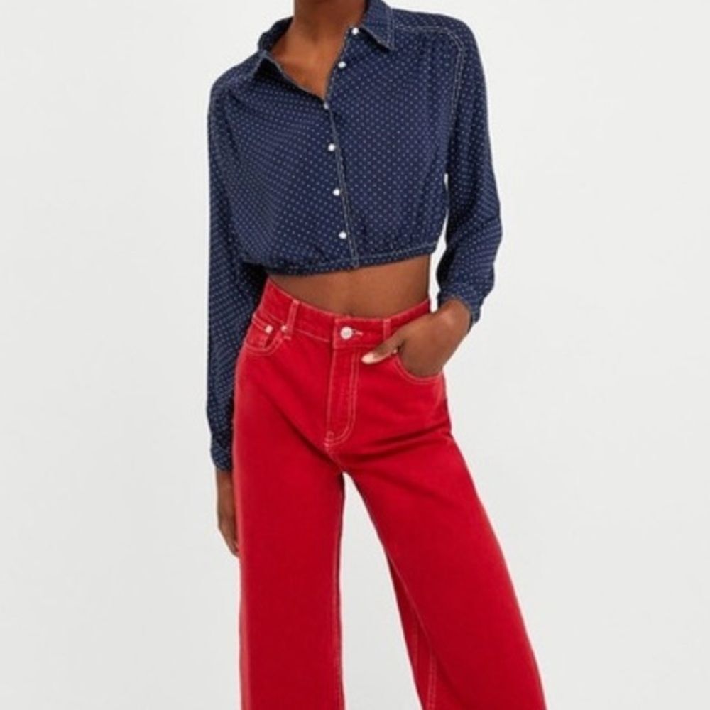 Zara Premium Denim Collection Navy Polka Dot Crop Long Sleeve Blouse Size Small